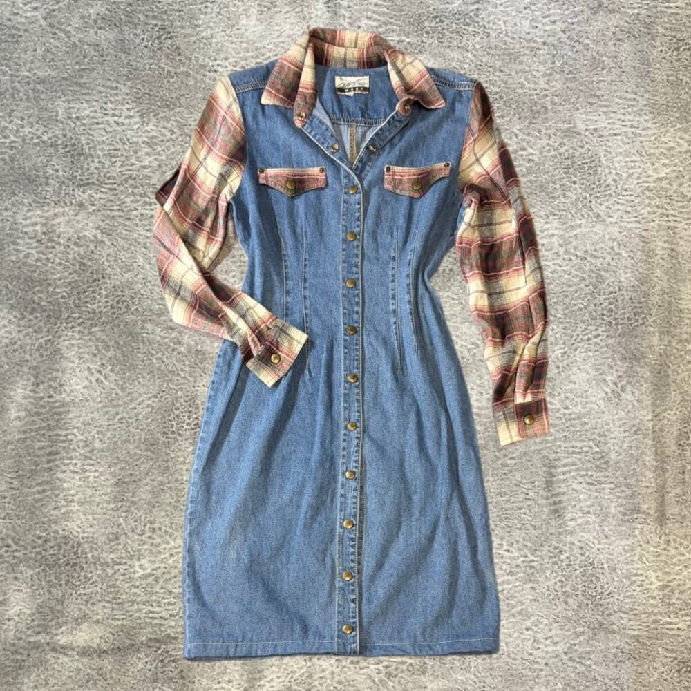 Vintage Denim Plaid Accent Button Up Midi Dress